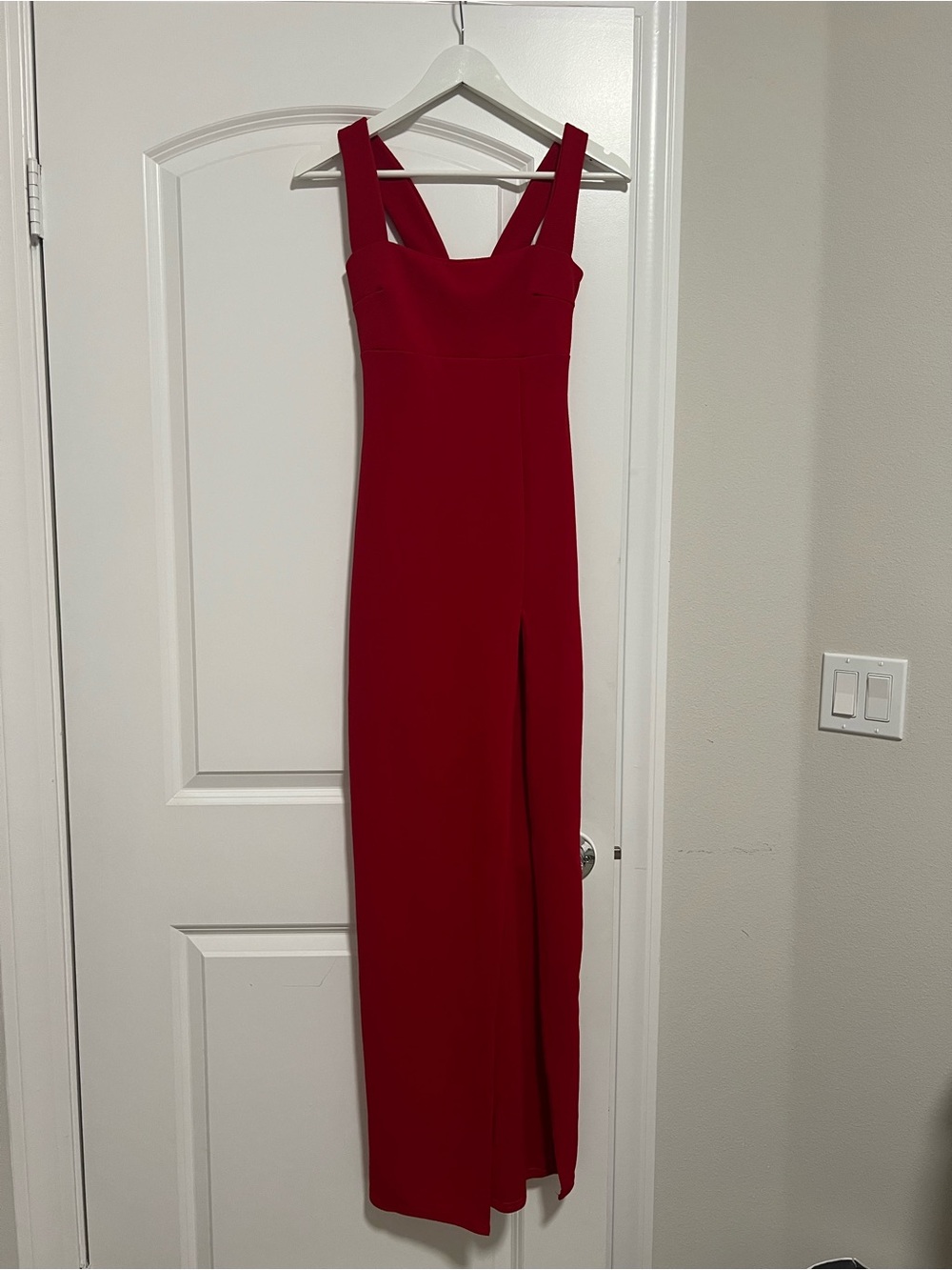 Nasty Gal Bold Red Maxi Square Neckline Dress with Slit up to Mini Length